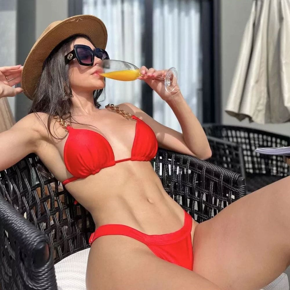 Luxury High-Cut Metallic Chain Brazilian Bikini - Red / S On sale