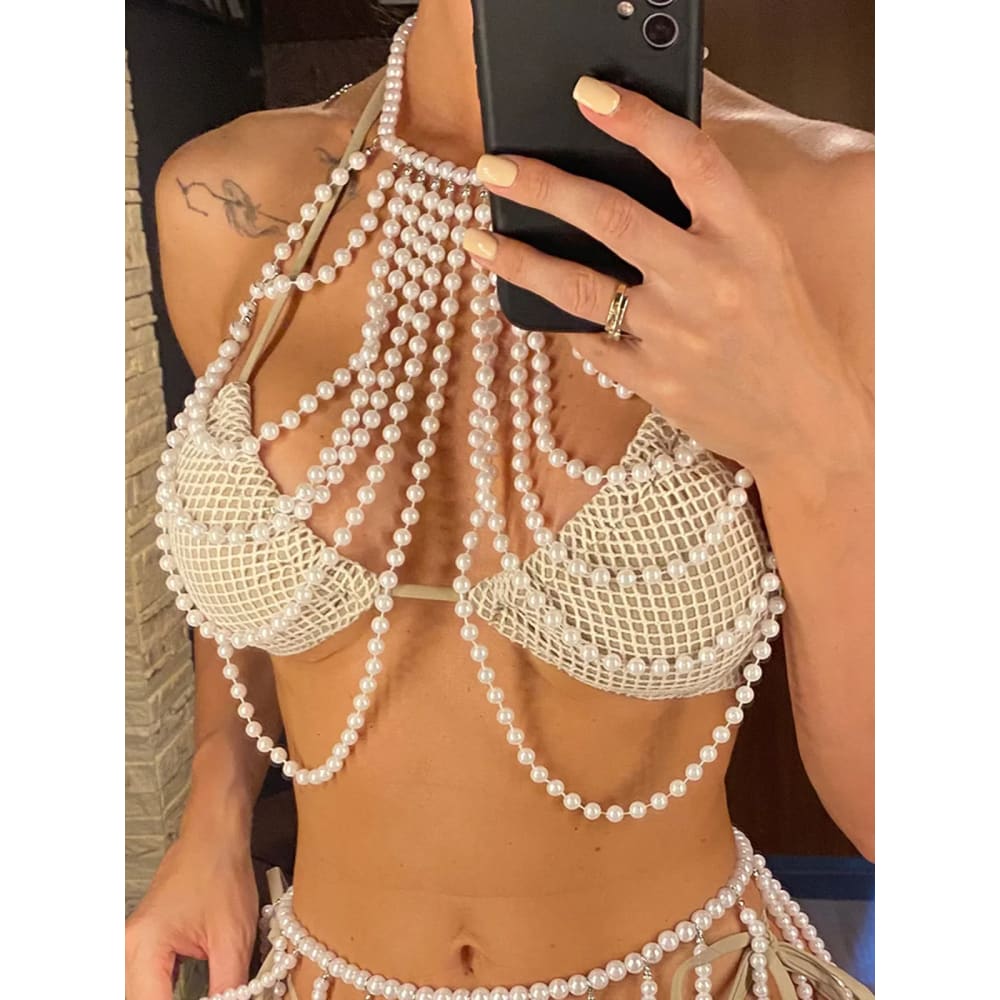 Luxury Pearls Halter Bikini Top | See-Through Swimwear - On sale