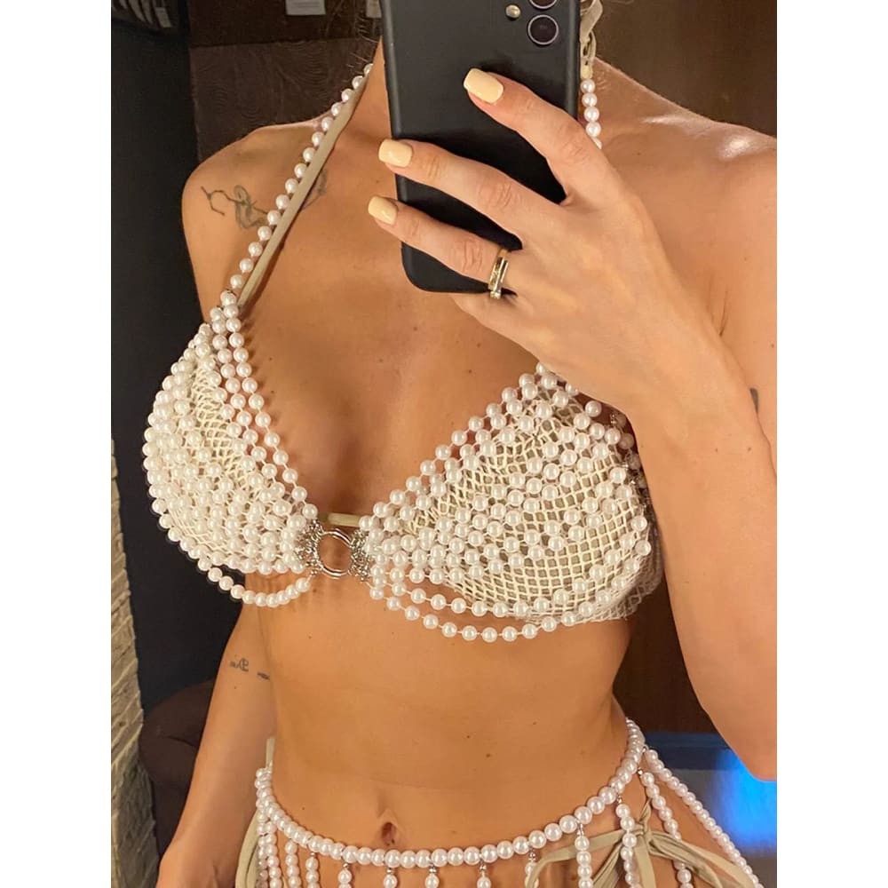 Luxury Pearls Halter Bikini Top | See-Through Swimwear - On sale