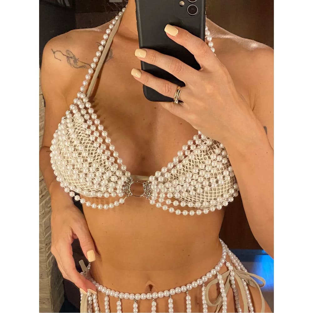 Luxury Pearls Halter Bikini Top | See-Through Swimwear - On sale