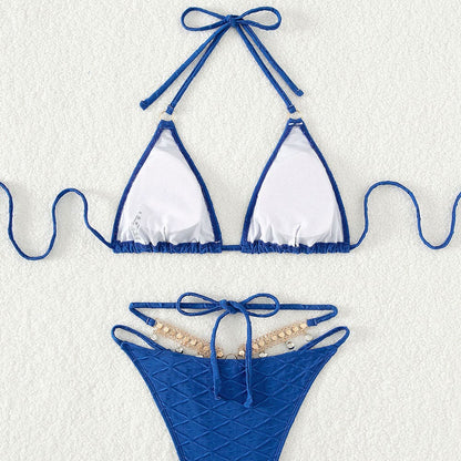Luxury Rhinestone String Textured Slide Triangle Bikini - On sale