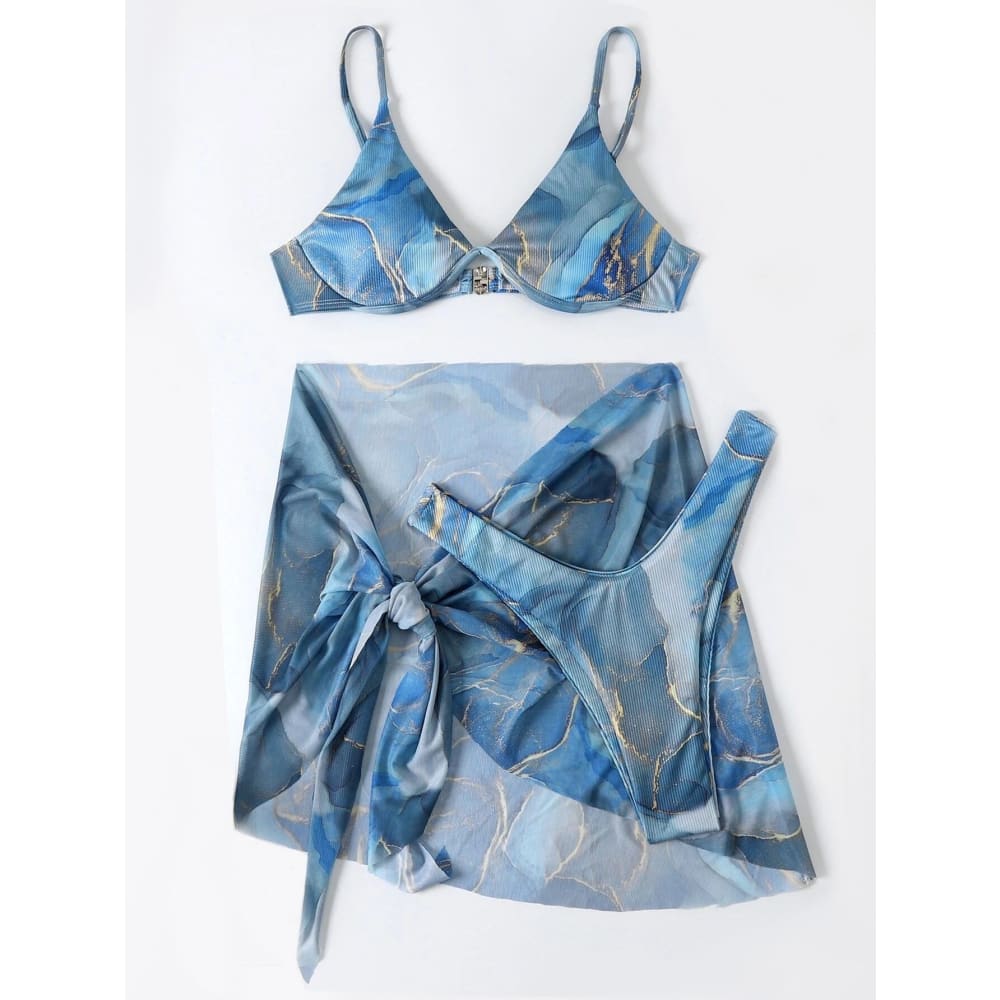 Marble Printed Underwire Three Piece Bikini Swimsuit - On sale