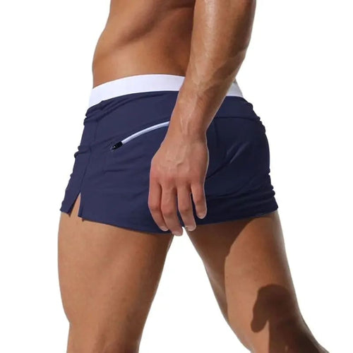 Men’s low waist surf trunks, dark blue with white waistband and drawstring