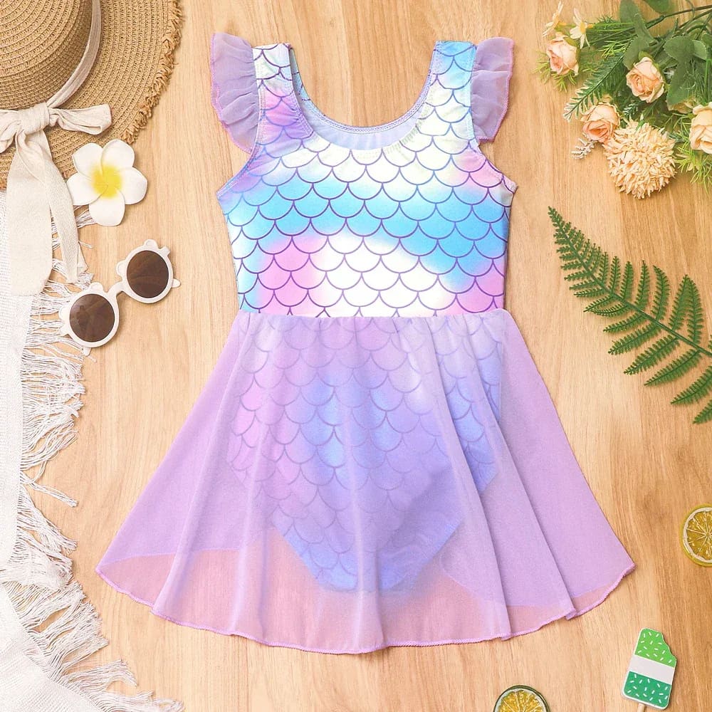 Girls mermaid one-piece swimdress with lavender tulle skirt and rainbow scale bodice