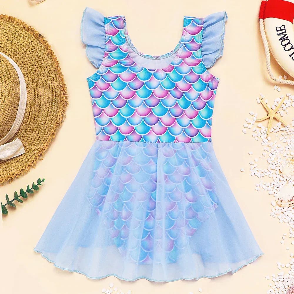 Girls mermaid swimdress one-piece with rainbow scales, flutter sleeves, light blue tulle