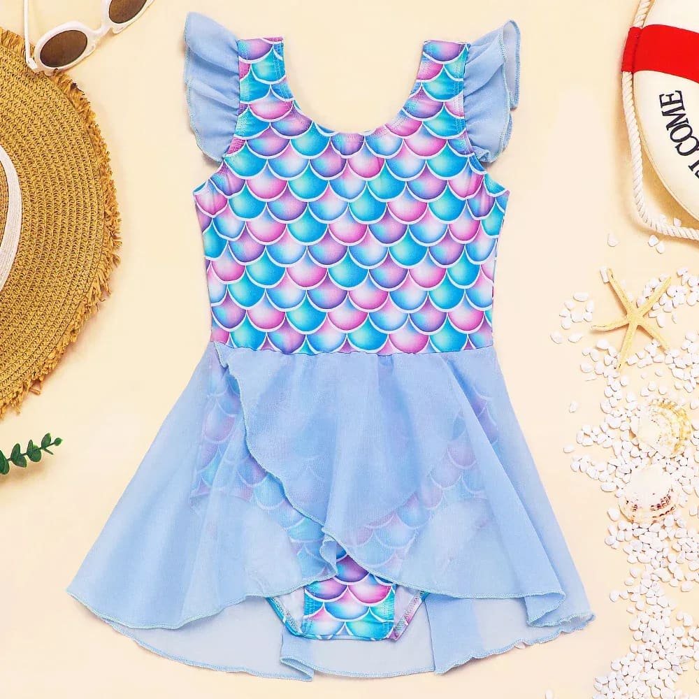 Girls mermaid ruffle swimdress with rainbow scale print and light blue tulle skirt