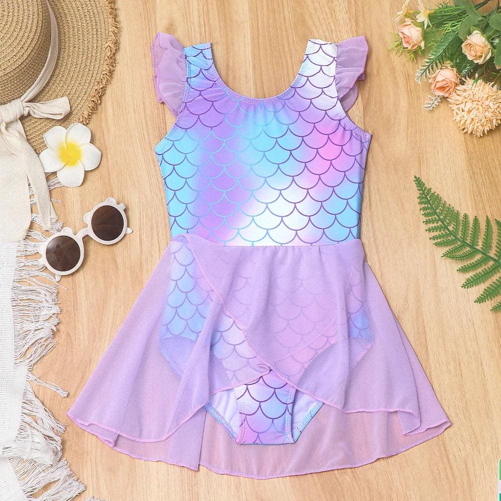 Girls mermaid swimdress with purple scale print and lavender tulle skirt