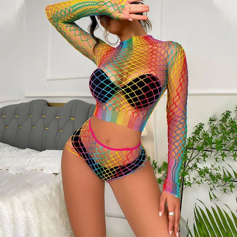 Mesh Fishnet Babydoll Bodysuit with Long Sleeves - Rainbow / One size fits most On sale
