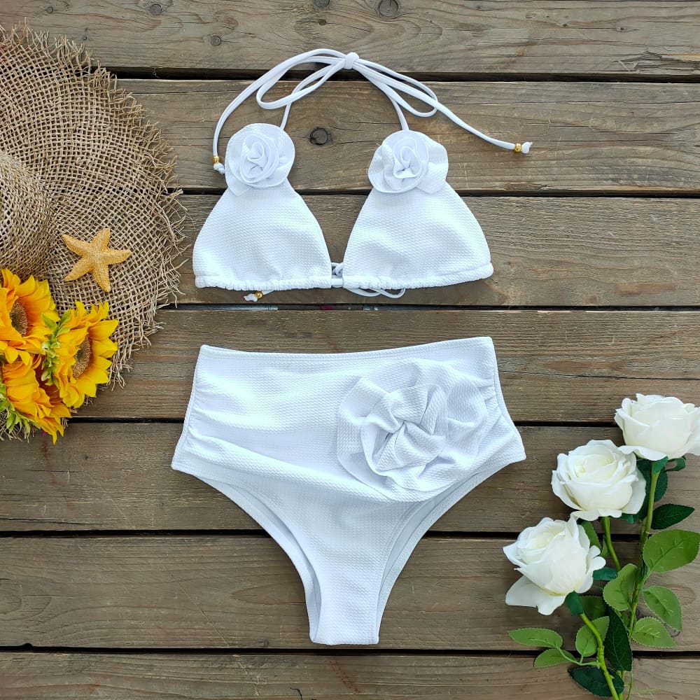 Mesh High Waist V Neck Leaf Print Bikini Set - On sale