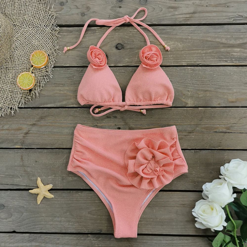 Mesh High Waist V Neck Leaf Print Bikini Set - On sale
