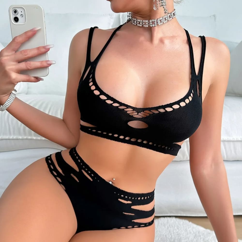 Mesh Hollow Out 2‑Piece Lace Swimsuit Cover‑Up Set - Black / One Size On sale