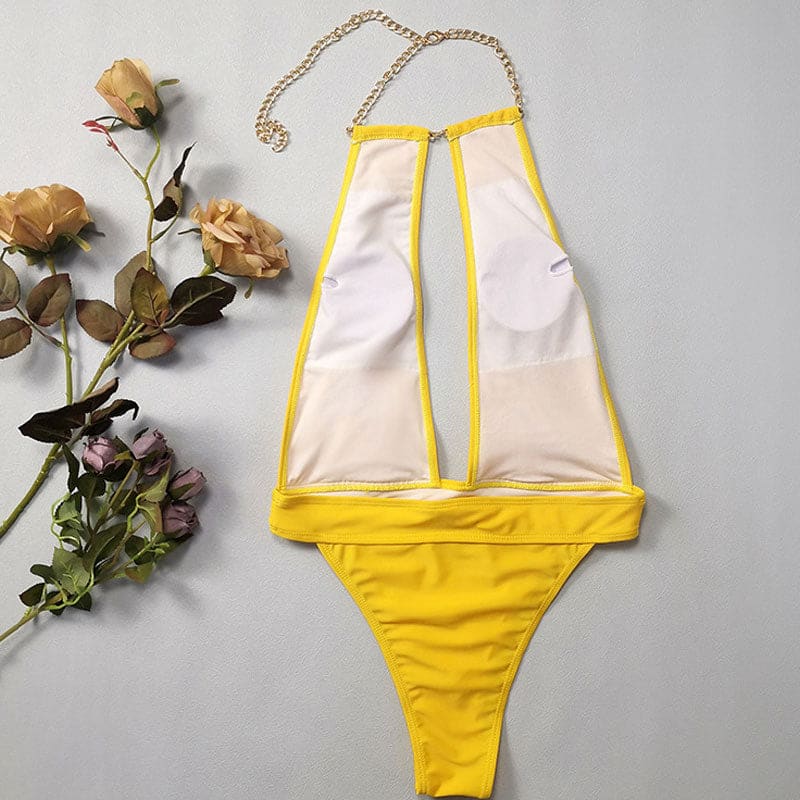 Metallic Chain Cutout Halter Brazilian One Piece Swimsuit - On sale