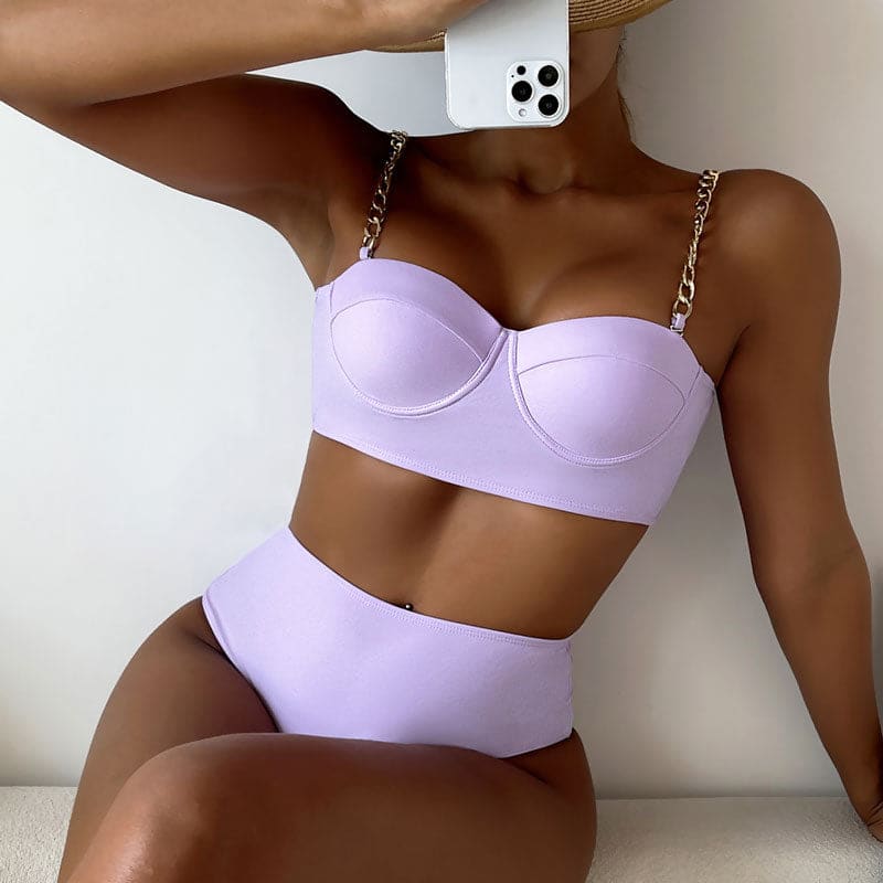 Metallic Chain High Waist Push Up Bralette Brazilian Bikini - Lilac / S On sale
