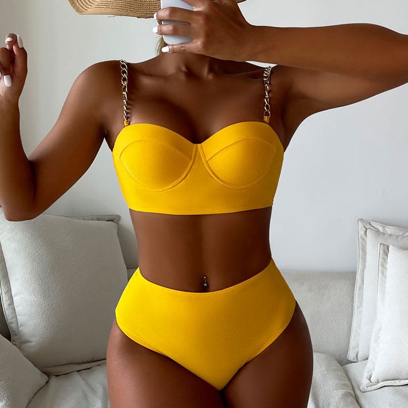Metallic Chain High Waist Push Up Bralette Brazilian Bikini - Yellow / S On sale
