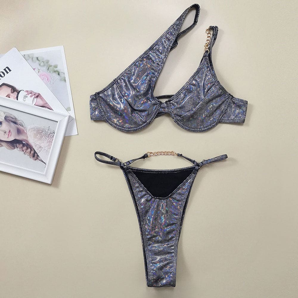 Metallic Chain Underwire One Shoulder Brazilian Bikini - On sale