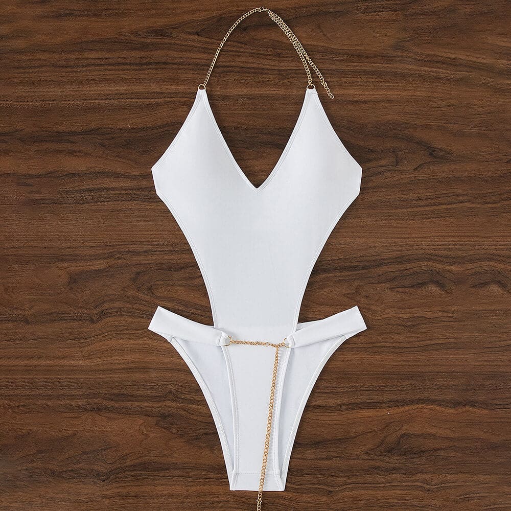 Metallic Chain Waist Tie Halter Monokini - On sale