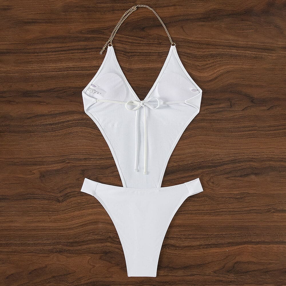 Metallic Chain Waist Tie Halter Monokini - On sale