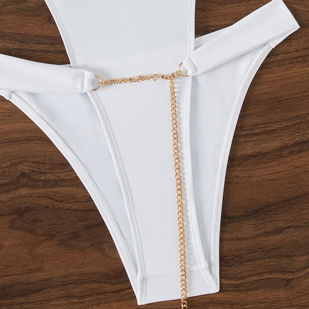Metallic Chain Waist Tie Halter Monokini - On sale