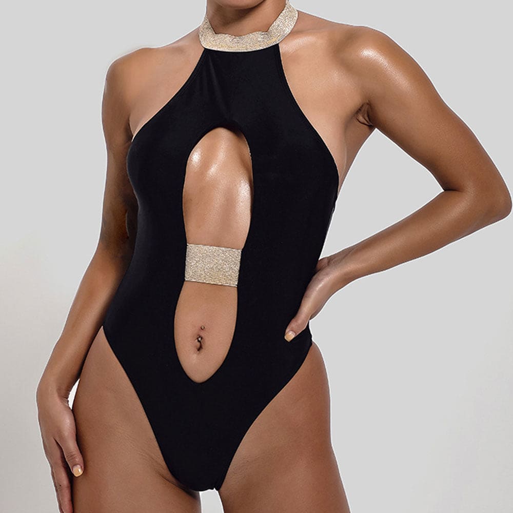 Metallic Contrast Halter Cutout One Piece Swimsuit - Black / L On sale