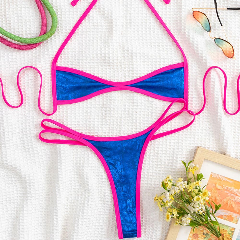 Metallic Crystal Thong Bicolor Micro Bralette Bikini - On sale