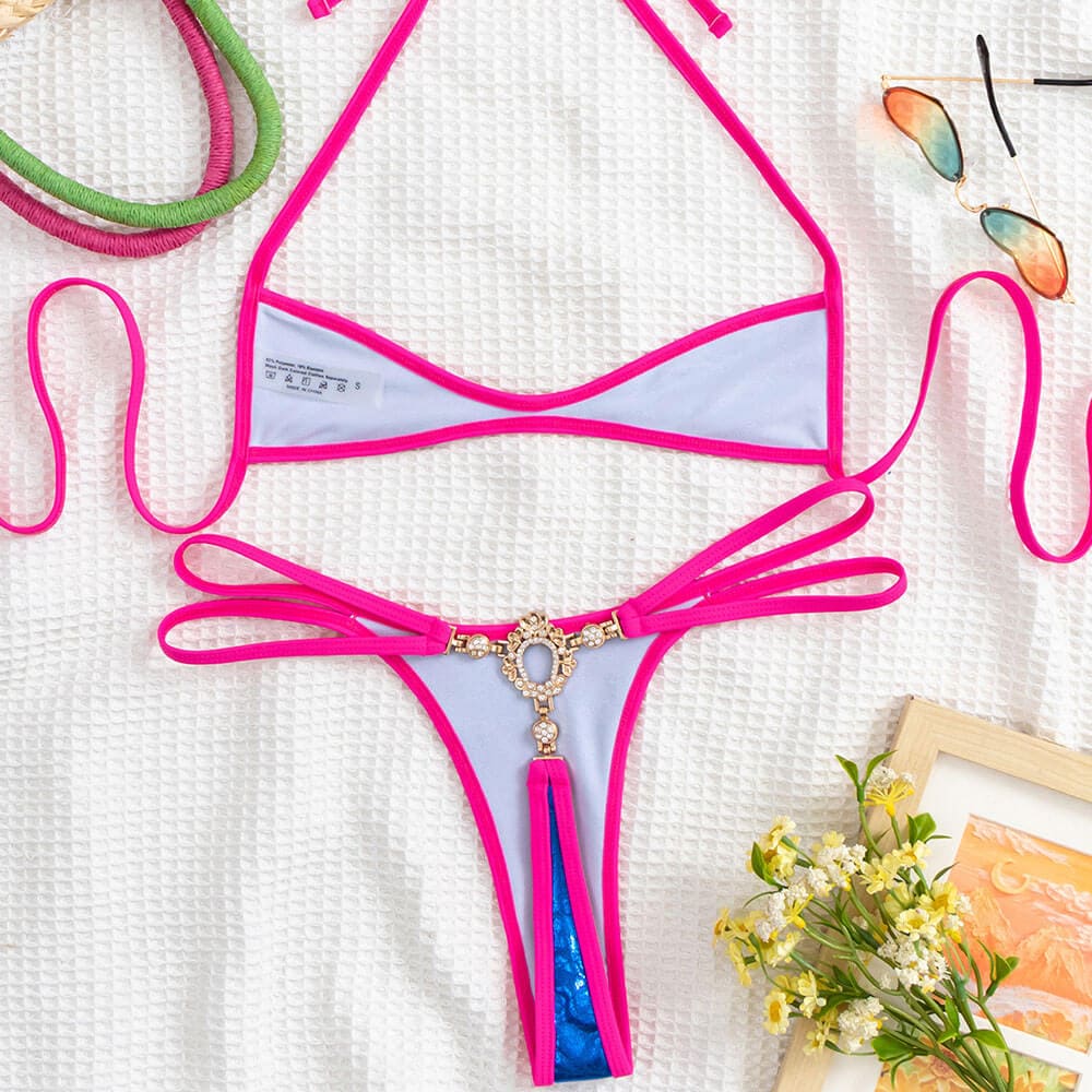 Metallic Crystal Thong Bicolor Micro Bralette Bikini - On sale