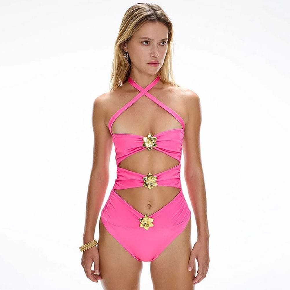 Metallic Floral Wrap Brazilian Halter One-Piece Swimsuit - On sale