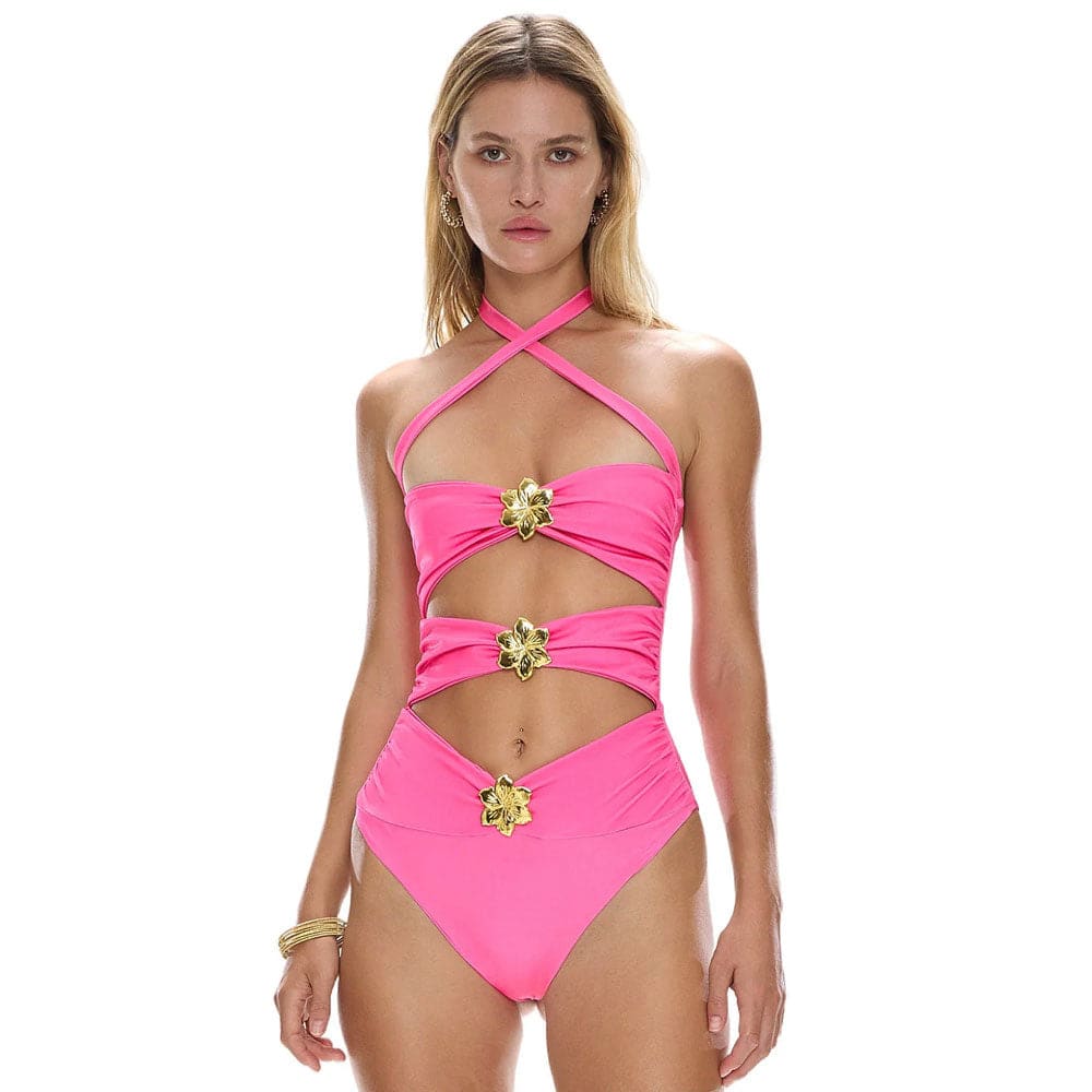 Metallic Floral Wrap Brazilian Halter One-Piece Swimsuit - On sale