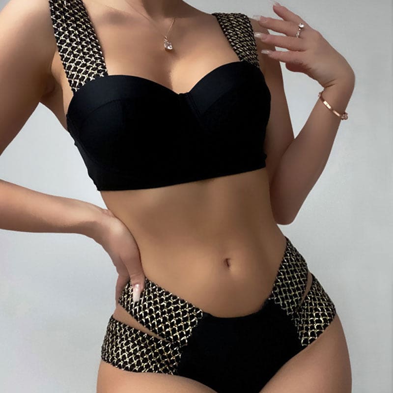Metallic Geometric Cutout Underwire Brazilian Bikini - Black / S On sale