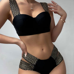 Metallic Geometric Cutout Underwire Brazilian Bikini - Black / S On sale