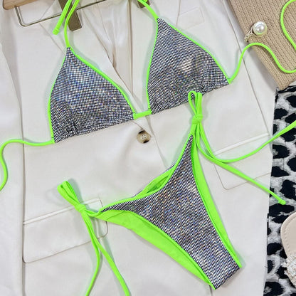 Metallic Gingham Neon String Triangle Brazilian Bikini - On sale