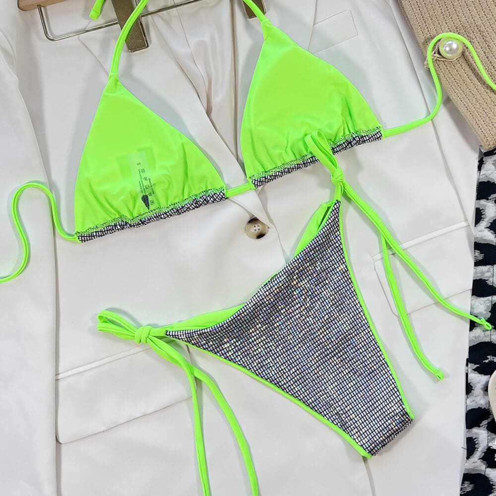 Metallic Gingham Neon String Triangle Brazilian Bikini - On sale