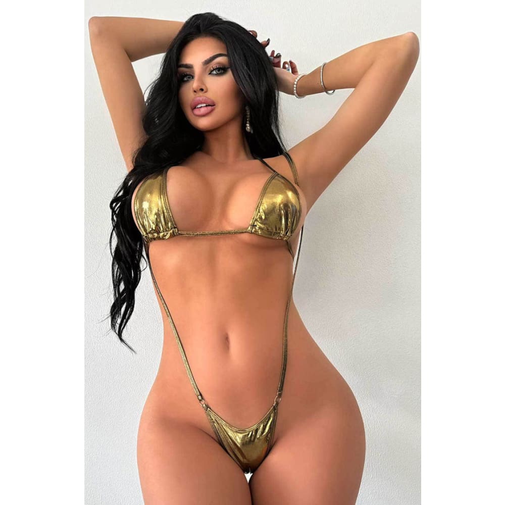 Metallic O-Ring Micro Triangle Halter One-Piece Swimsuit - On sale