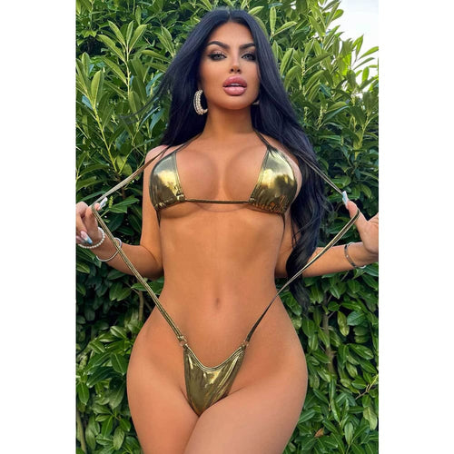 Metallic gold micro triangle halter one-piece swimsuit with O-ring straps