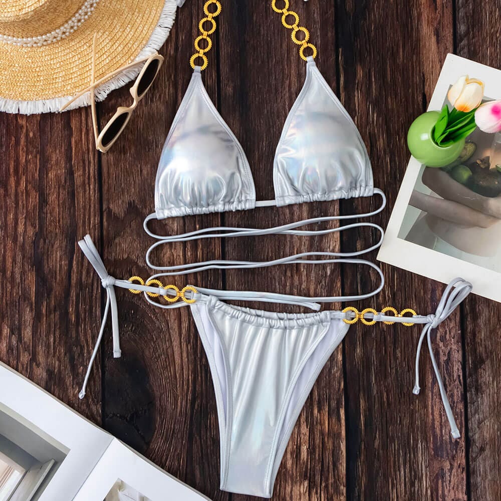 Metallic O Ring Tie String Triangle Brazilian Bikini - On sale