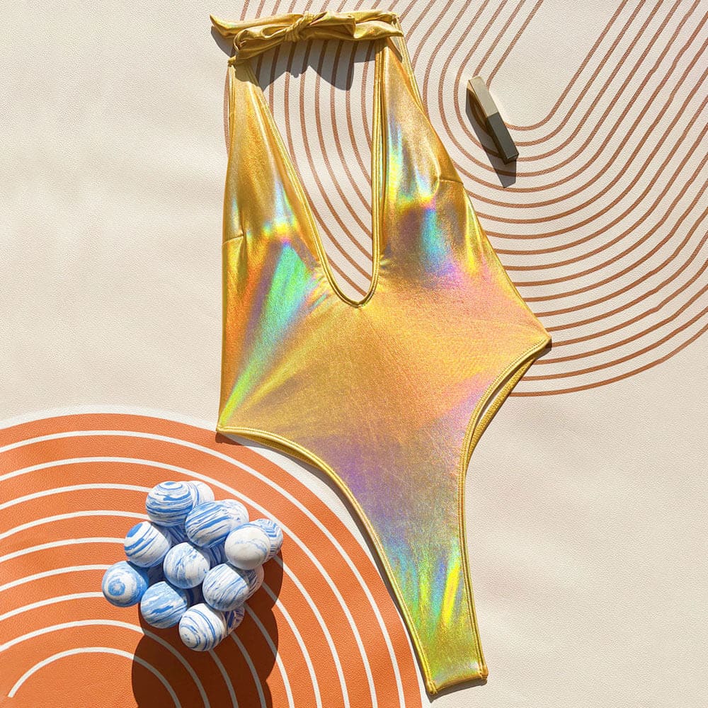 Metallic Plunge V-Neck Brazilian One Piece Swimsuit - On sale