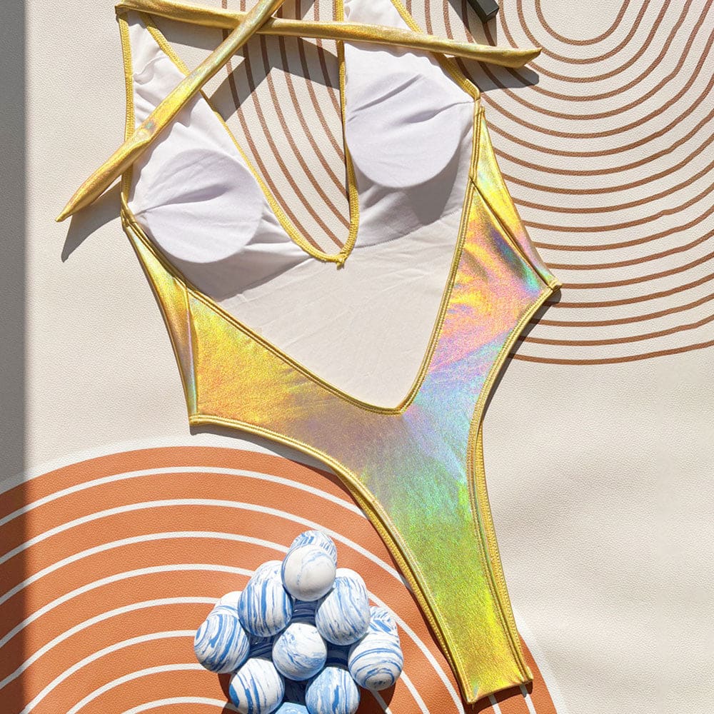 Metallic Plunge V-Neck Brazilian One Piece Swimsuit - On sale