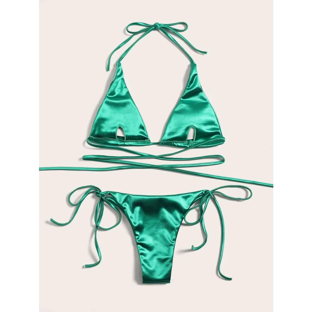 Metallic Satin Halter Bikini – Brazilian High Cut Two-Piece - On sale