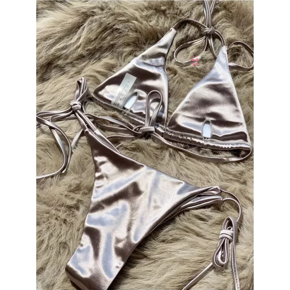 Metallic Satin Halter Bikini – Brazilian High Cut Two-Piece - On sale