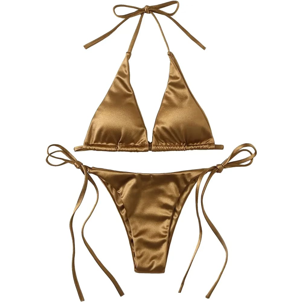 Metallic Satin Halter Bikini – Brazilian High Cut Two-Piece - On sale