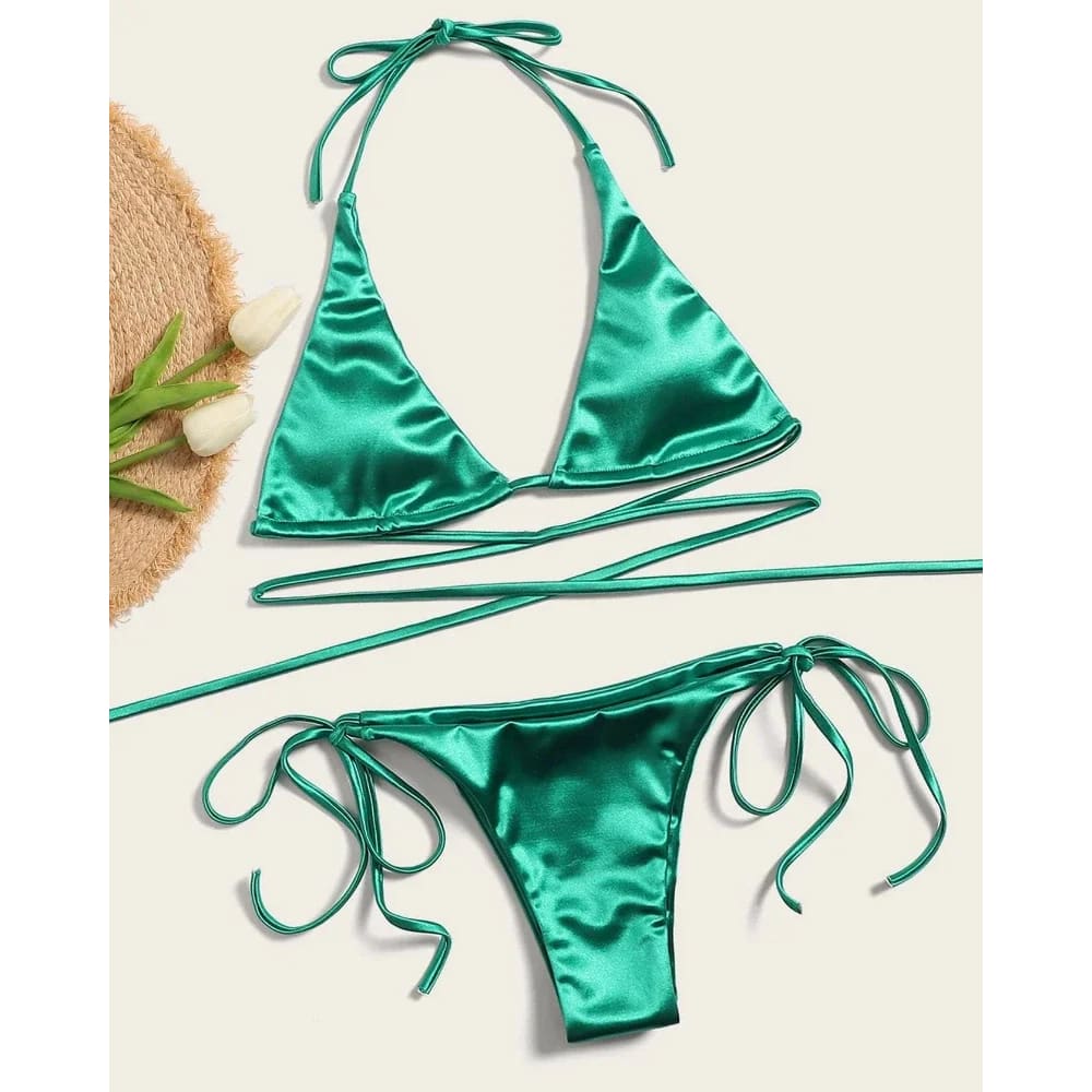 Metallic Satin Halter Bikini – Brazilian High Cut Two-Piece - On sale