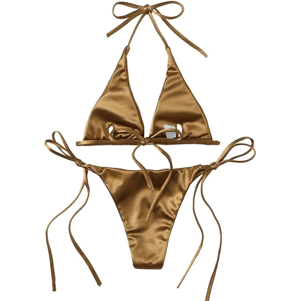 Metallic Satin Halter Bikini – Brazilian High Cut Two-Piece - On sale