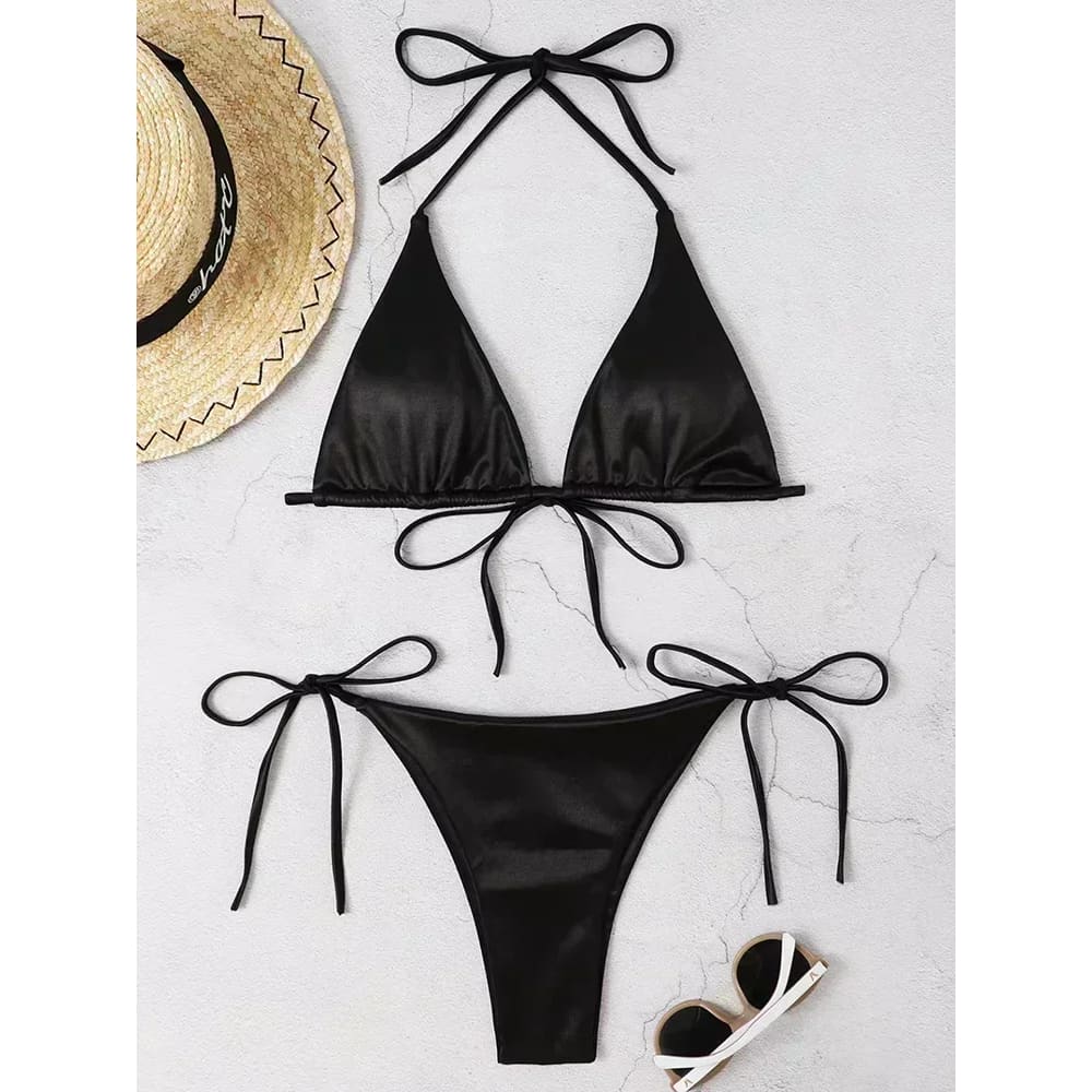 Metallic Satin Halter Bikini – Brazilian High Cut Two-Piece - Black / S On sale