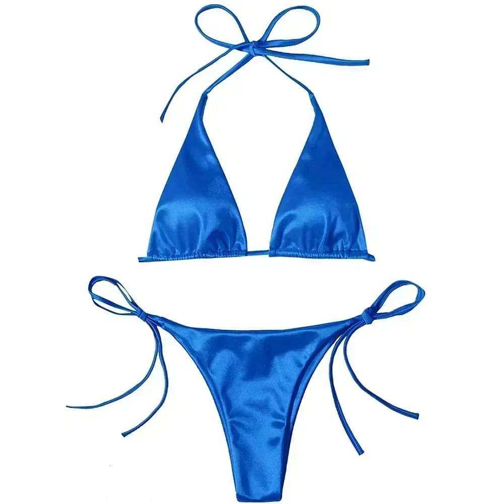 Metallic Satin Halter Bikini – Brazilian High Cut Two-Piece - Blue / S On sale