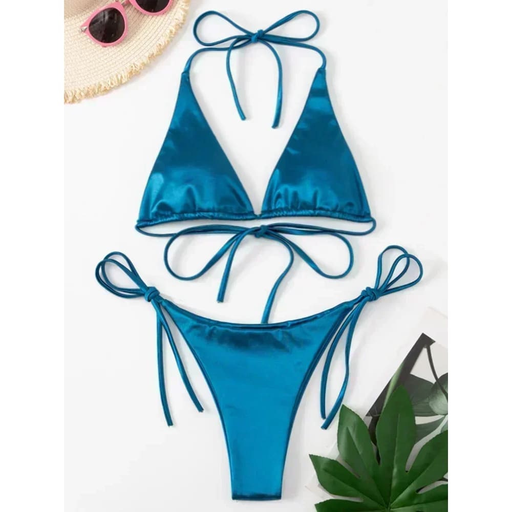 Metallic Satin Halter Bikini – Brazilian High Cut Two-Piece - DarkBlue / S On sale