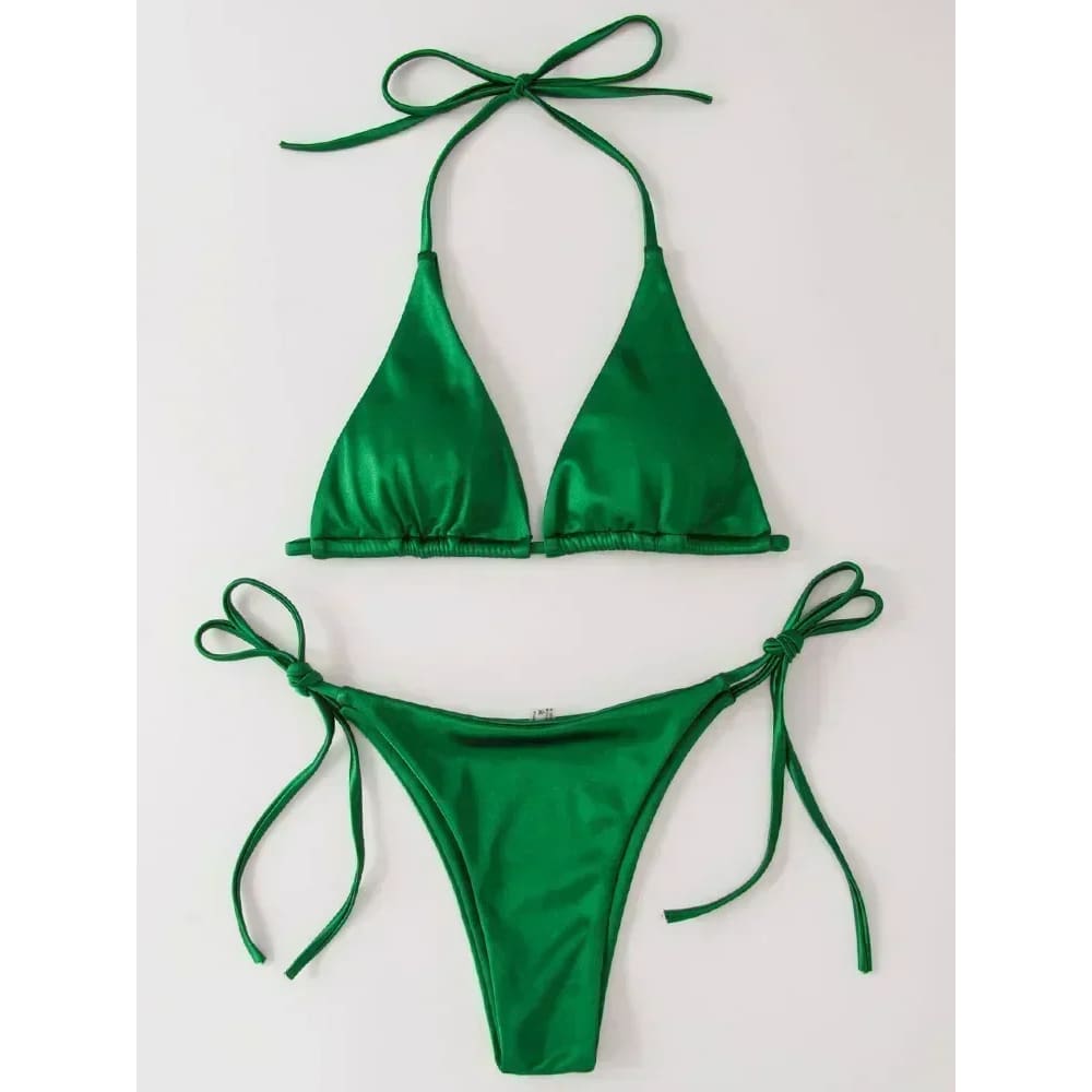 Metallic Satin Halter Bikini – Brazilian High Cut Two-Piece - DarkGreen / S On sale