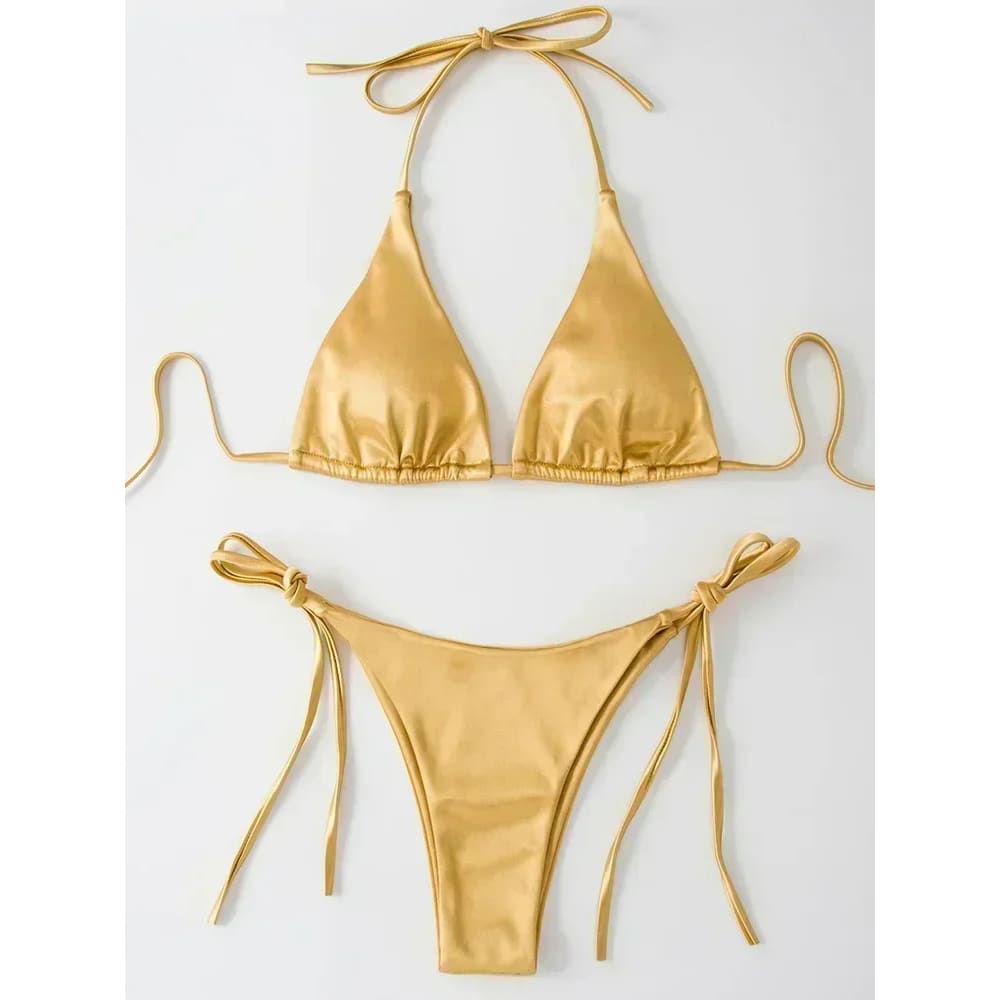 Metallic Satin Halter Bikini – Brazilian High Cut Two-Piece - Golden / S On sale