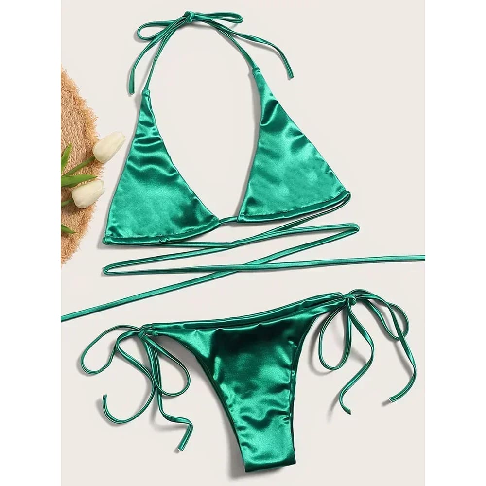 Metallic Satin Halter Bikini – Brazilian High Cut Two-Piece - Green / S On sale