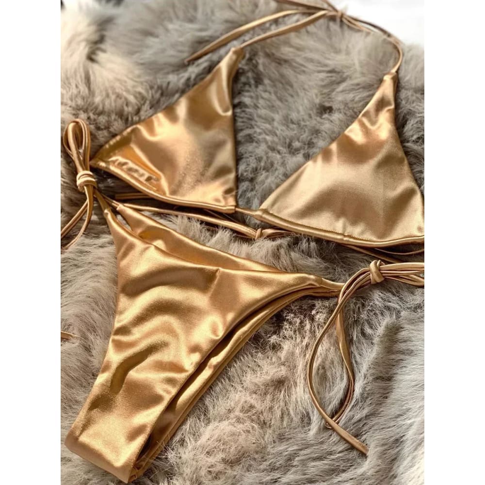 Metallic Satin Halter Bikini – Brazilian High Cut Two-Piece - Khaki / S On sale