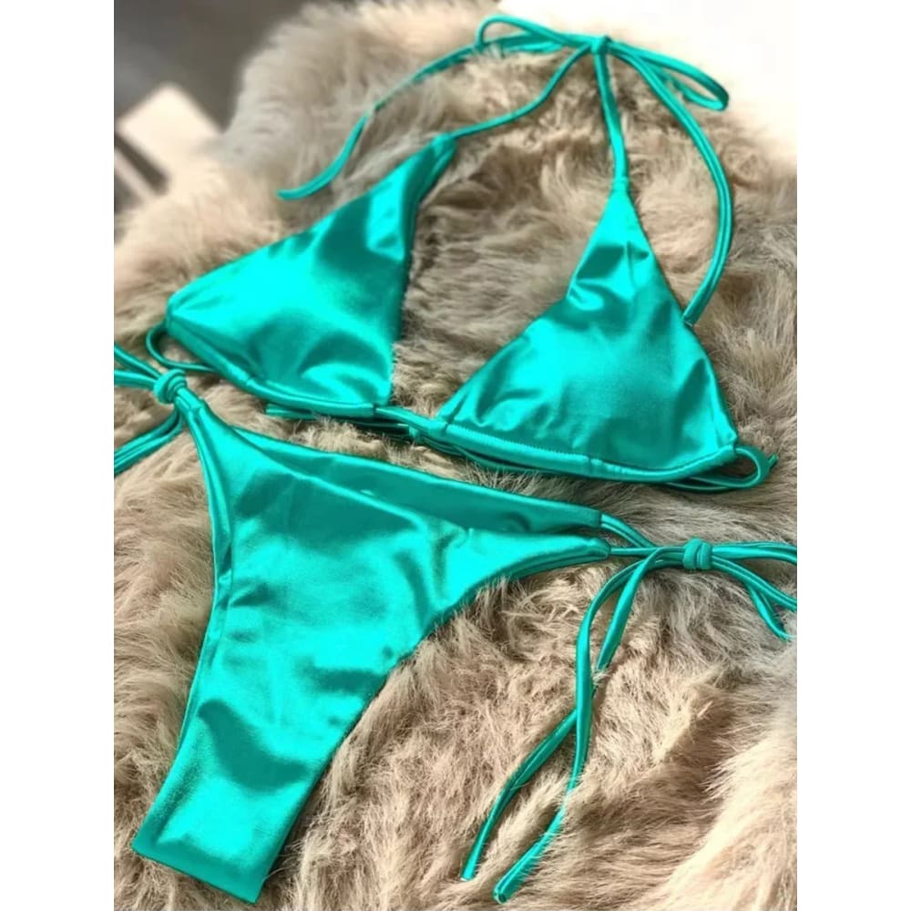 Metallic Satin Halter Bikini – Brazilian High Cut Two-Piece - LightGreen / L On sale