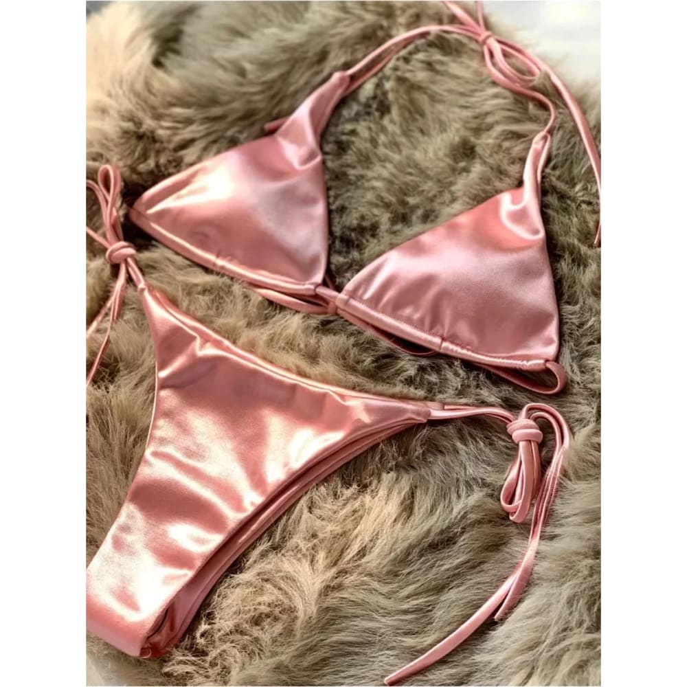 Metallic Satin Halter Bikini – Brazilian High Cut Two-Piece - LightPink / S On sale